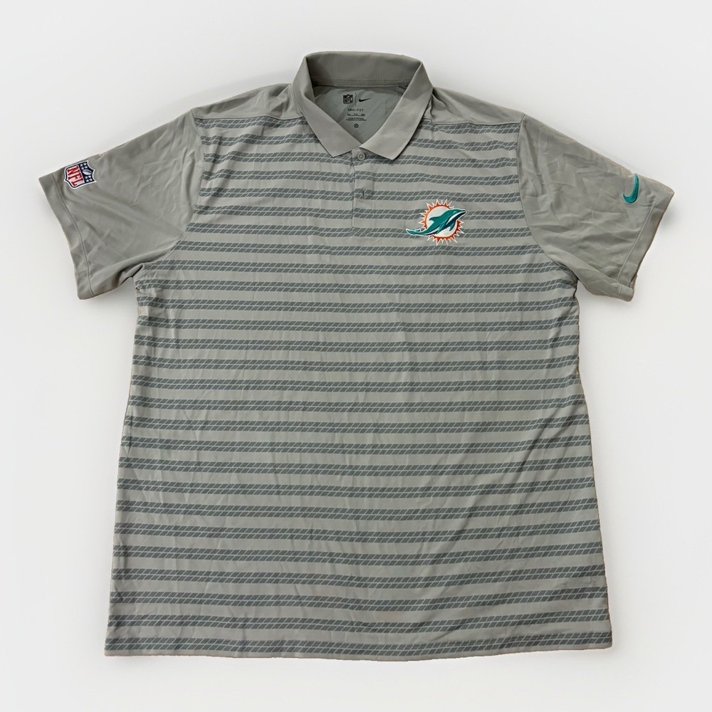 Nike Miami Dolphins Polo Shirt Mens XXL Gray Striped Dir Fit NFL Short Sleeve